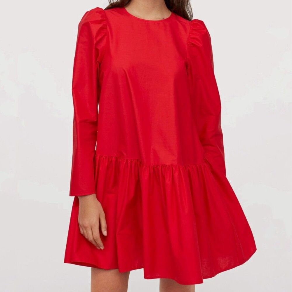 H&M Poplin Dress Red Sz 8 Babydoll Ruffle Vibrant Festive Puff Lightweight Vamp